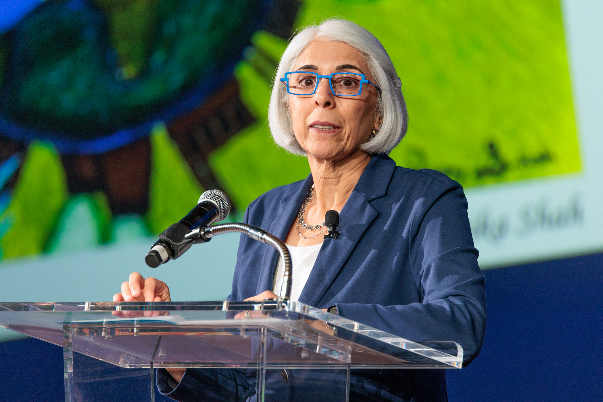 Arati Prabhakar, President Biden's director of the Office of Science and Technology Policy, came to GW for a conversation with GW President Granberg. (William Atkins/GW Today)