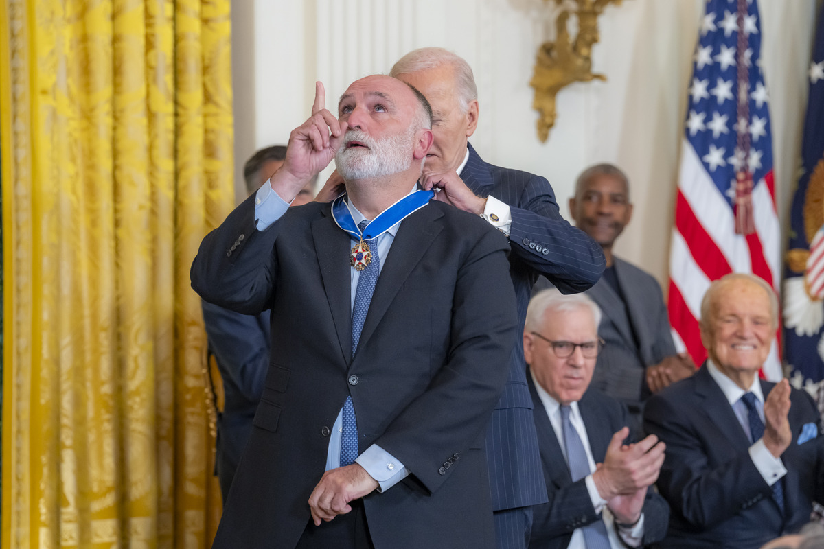 President Joe Biden puts the Presidential Medal of Freedom around the neck of chef and humanitarian José Andrés, who founded the Global Food Institute at GW. (White House photo)