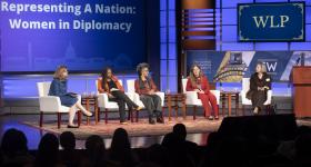 From left: Elliott School Dean Alyssa Ayres, Bonnie Jenkins, Gina Abercrombie-Winstanley, Ruth Bajada and Piper Campbell. (Lily Speredelozzi/GW Today)