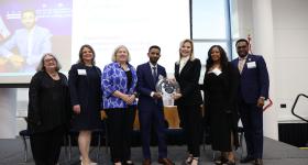 From left to right: Natalie K. Houghtby-Haddon, Liesl Riddle, Ellen M. Granberg, Gashaw Woldehanna, Jane Cafritz, Angelique Hayes Rice, and Charles Hall Jr. celebrate public service excellence at the 22nd Annual Cafritz Awards Gala.