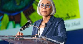 Arati Prabhakar, President Biden's director of the Office of Science and Technology Policy, came to GW for a conversation with GW President Granberg. (William Atkins/GW Today)
